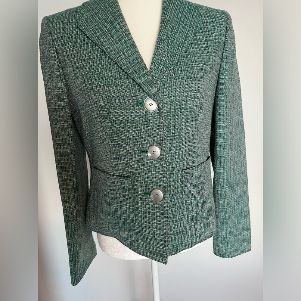 Kasper metallic tweed blazer jacket turquoise